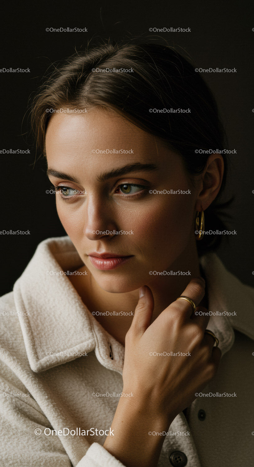 Thoughtful young woman in cozy beige jacket portrait