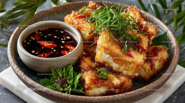 Crispy Fried Fish Fillets with Spicy Dipping Sauce and Fresh Herbs