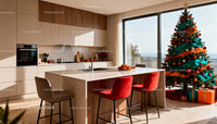 Modern kitchen with festive Christmas tree and natural light