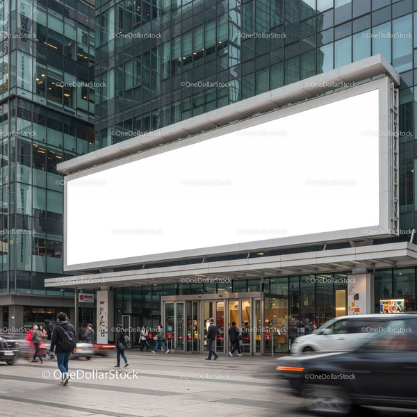 People walking in front of modern storefront with blank billboard JPG Mockup Image
