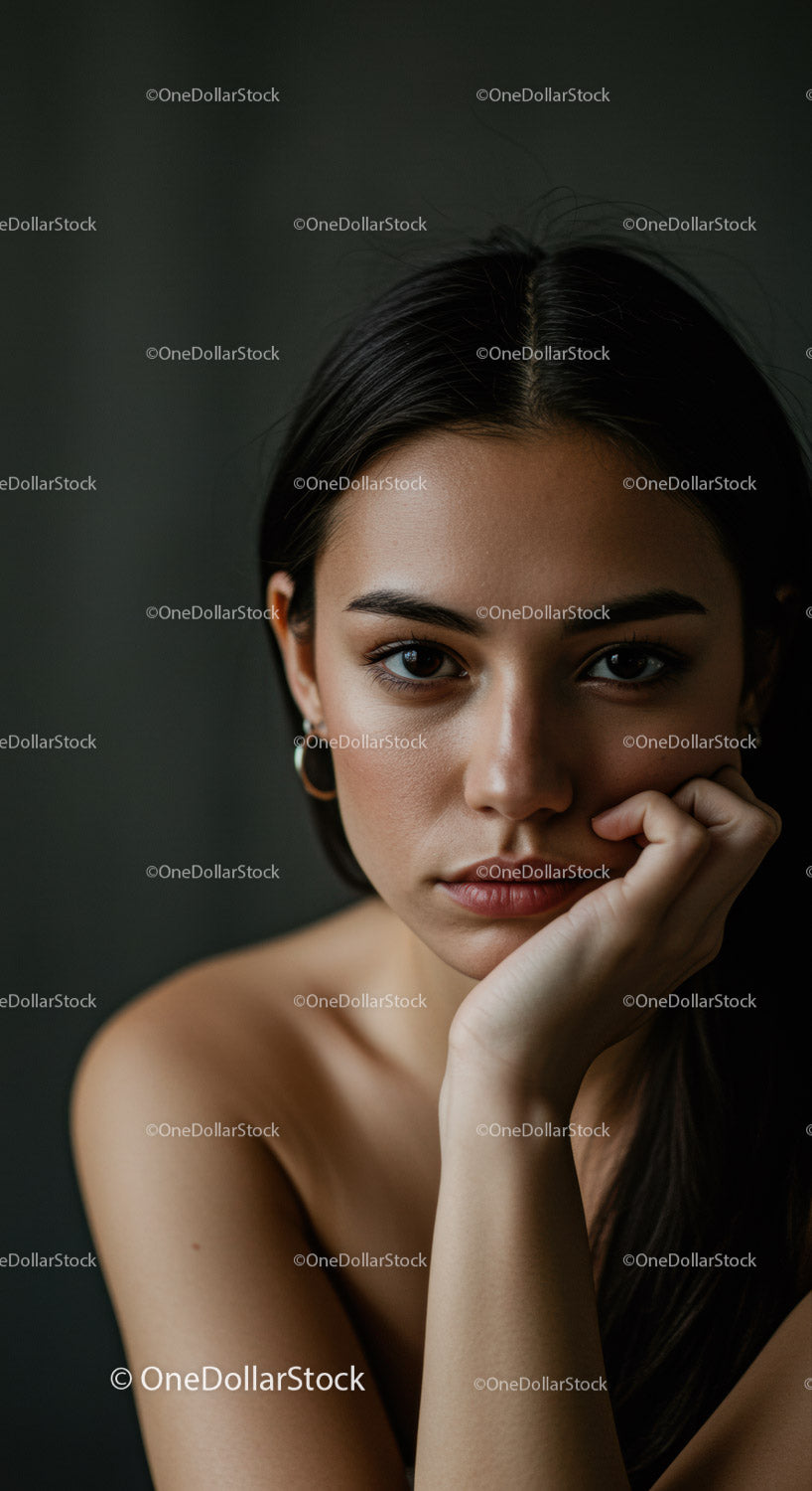 Young woman with thoughtful expression and natural beauty