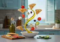 Mediterranean ingredients levitating above white bowl