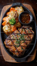 Juicy Grilled Steak with Roasted Vegetables and Dipping Sauce