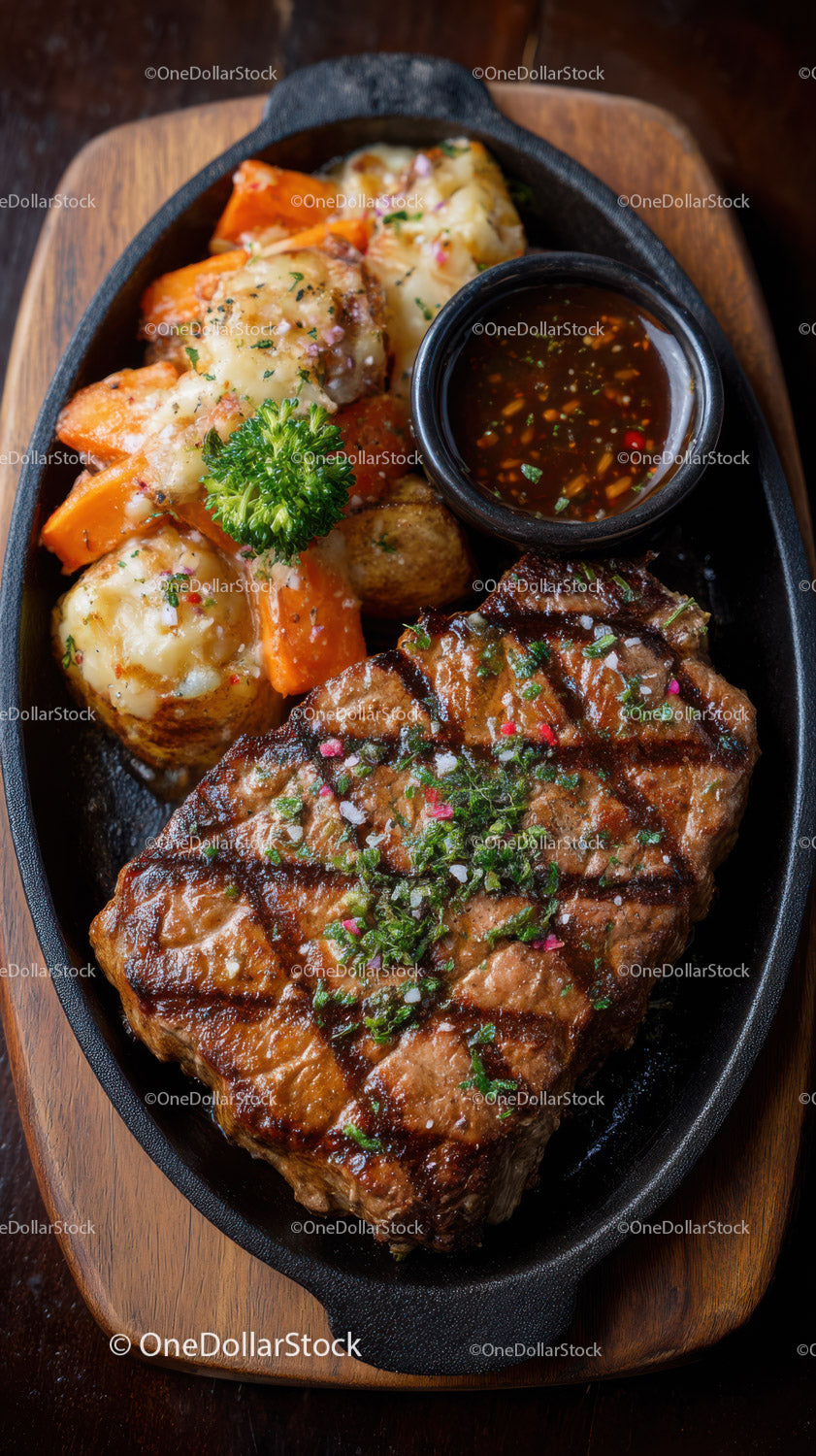 Juicy Grilled Steak with Roasted Vegetables and Dipping Sauce
