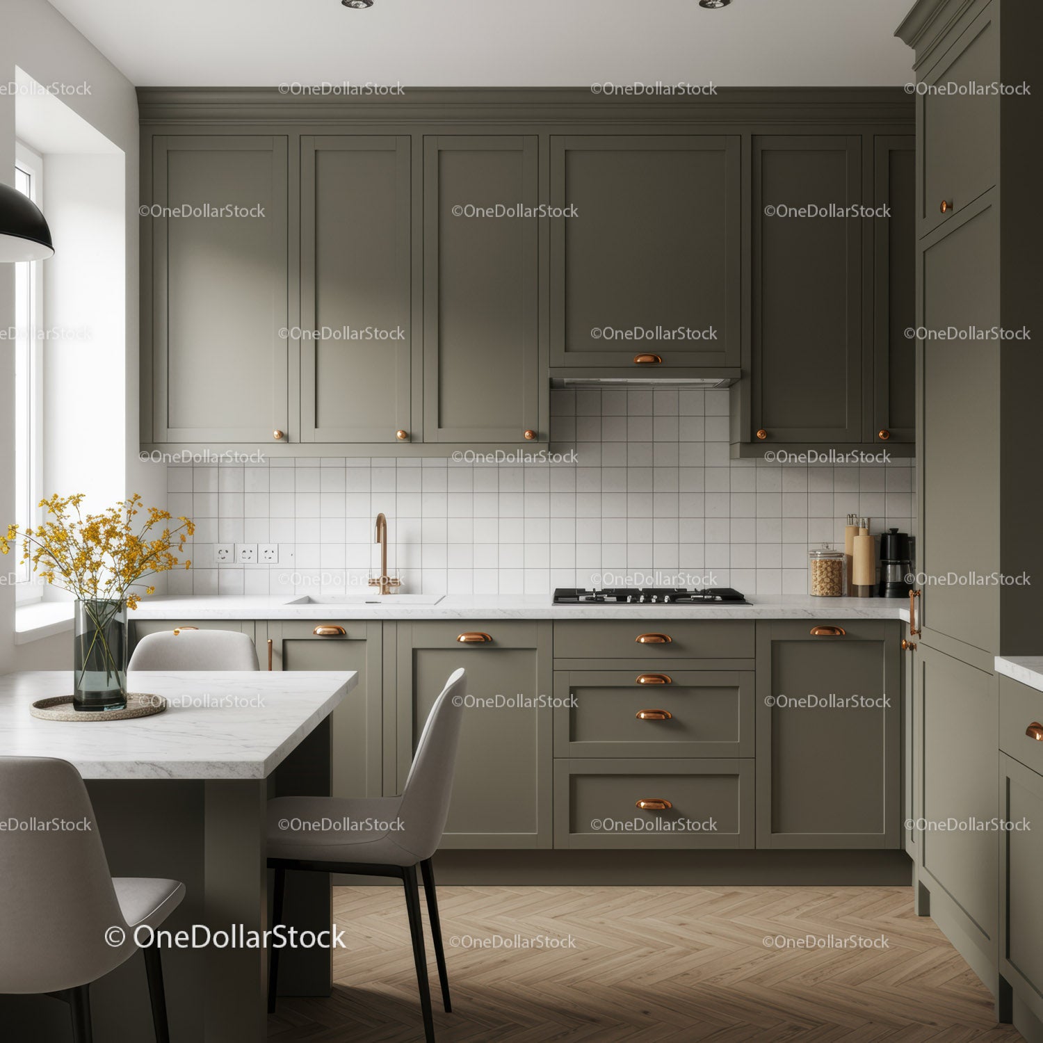 Modern Kitchen with Gray Cabinets and Marble Countertop