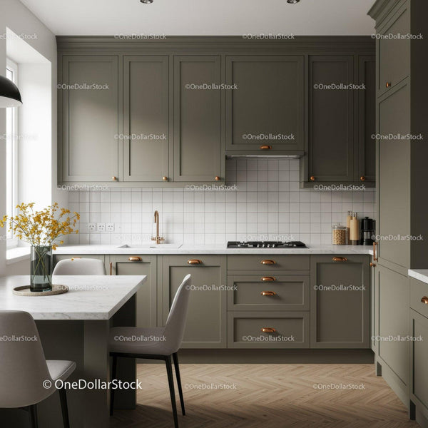 Modern Kitchen with Gray Cabinets and Marble Countertop