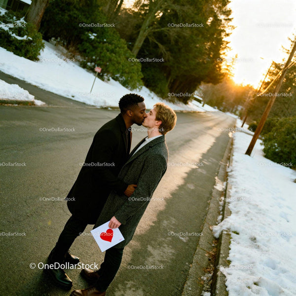Romantic winter kiss between two men with heart card