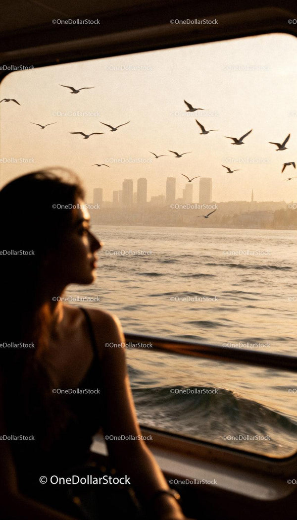 Woman gazing at city skyline and seagulls from boat window