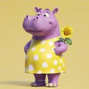 Cartoon Hippo Holding Sunflower in Yellow Polka Dot Dress