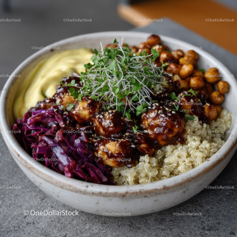 Healthy Asian-Inspired Quinoa Bowl with Chickpeas Microgreens and Veggies