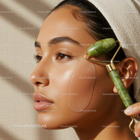 Close-up of a Woman Using a Jade Facial Roller for Skincare