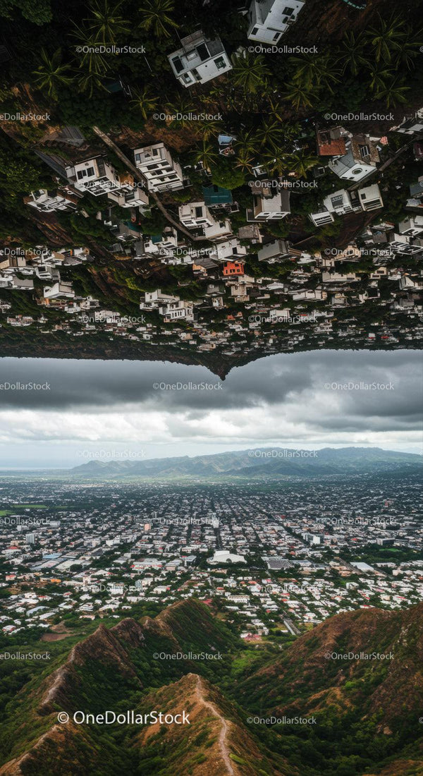 Aerial Landscape of Mountain and Cityscape with Hills and Dense Housing