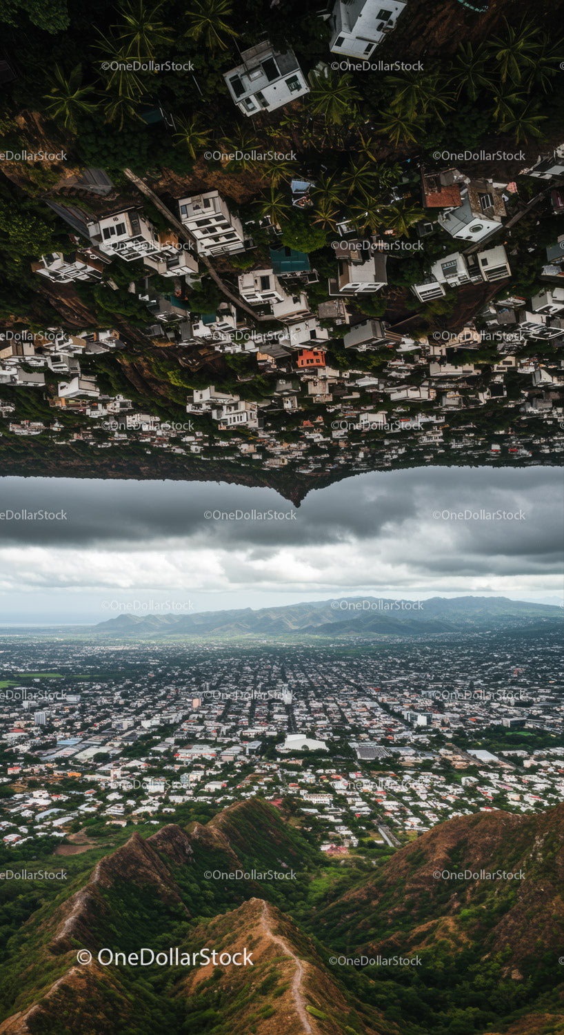 Aerial Landscape of Mountain and Cityscape with Hills and Dense Housing