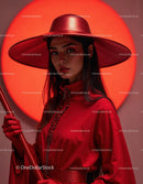 Elegant Woman in Red Dress with Accessories Against Red Background