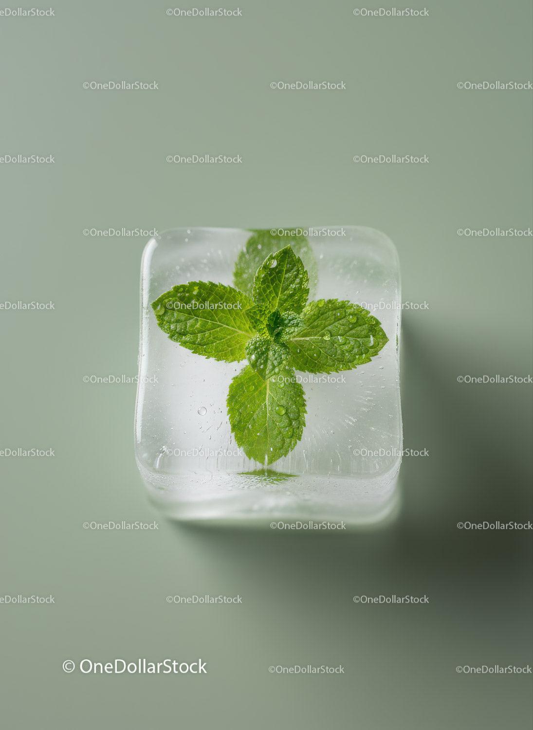 Fresh Mint Leaf Frozen Inside Clear Ice Cube
