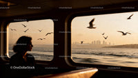 Woman gazing through ferry window at seagulls sunset