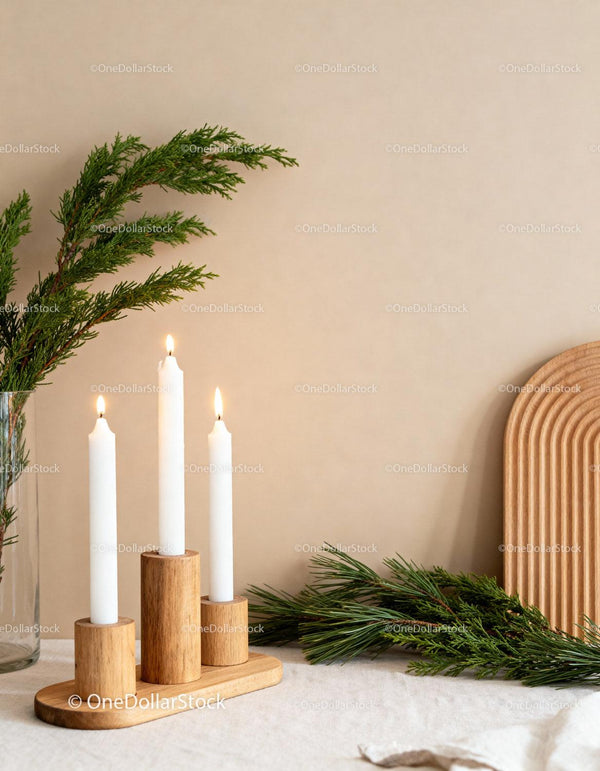 Minimalist Wooden Candle Holder with Greenery Decor