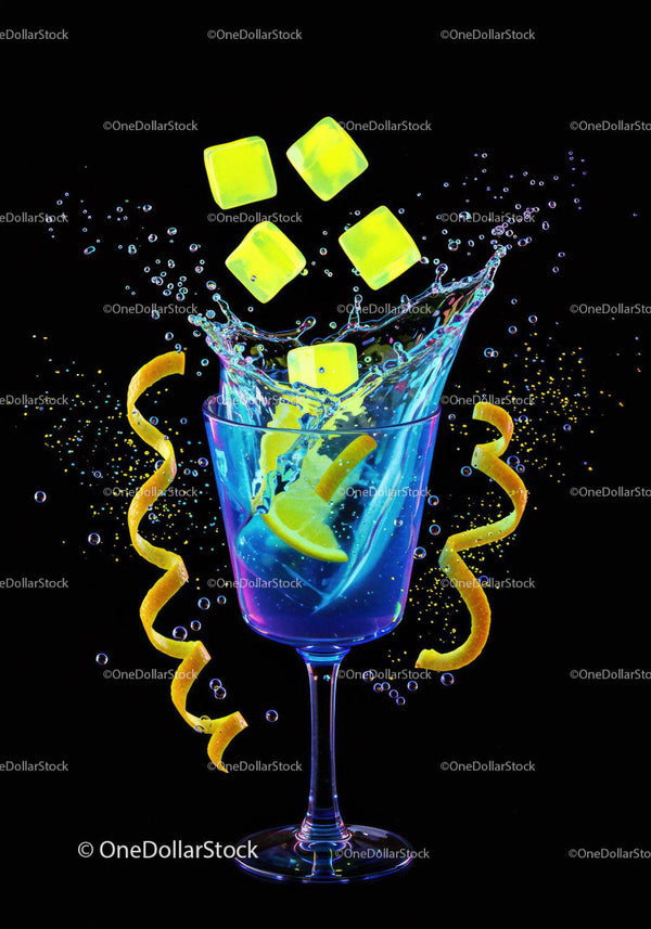 Refreshing cocktail with lemon slices and ice cubes splash