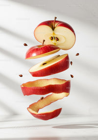 Floating sliced red apple with scattered seeds