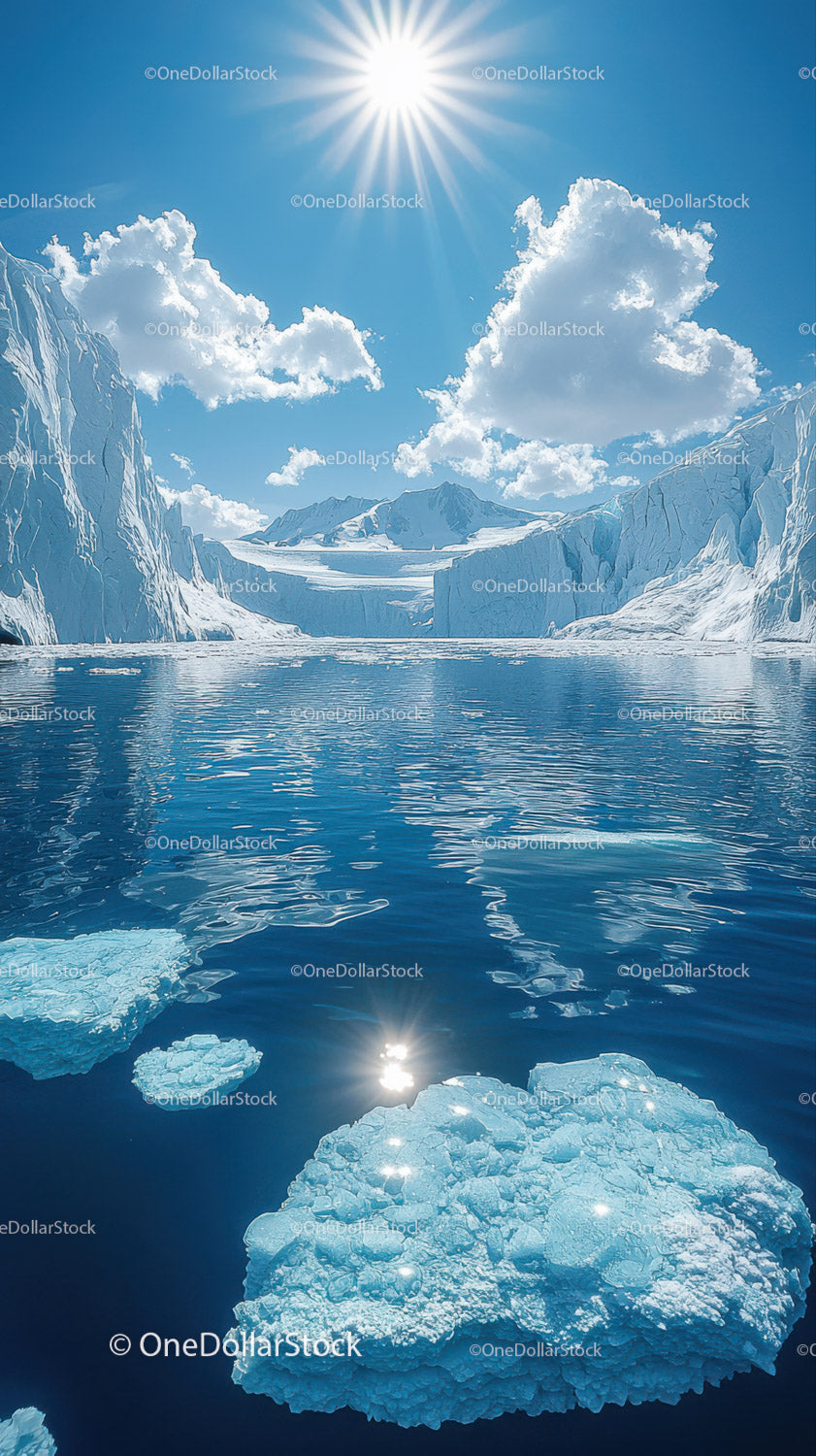 Majestic Snowy Mountains and Glacial Fjord under Bright Sun