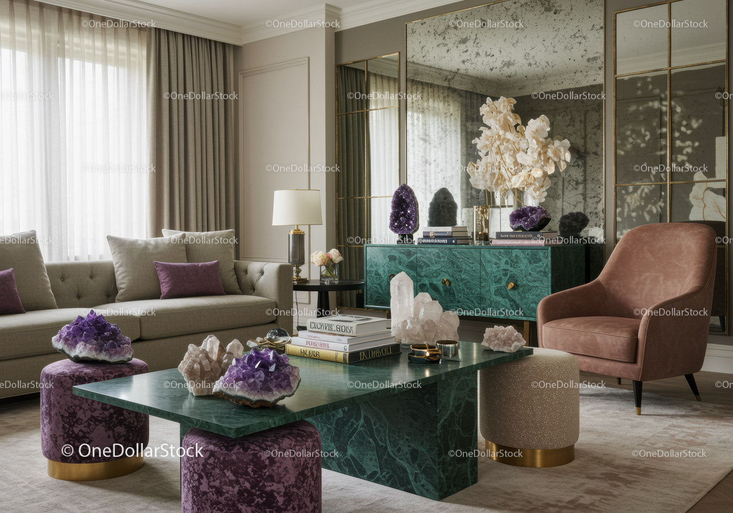 Elegancki salon z kryształami ametystu i bogatymi fakturami
