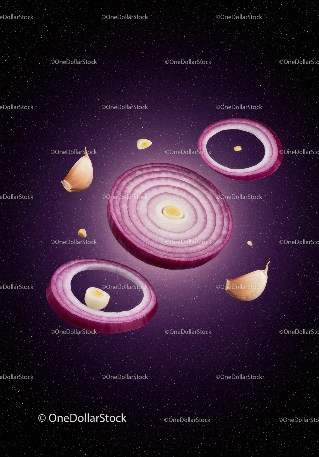 Floating Red Onion Slices and Garlic Cloves in Space