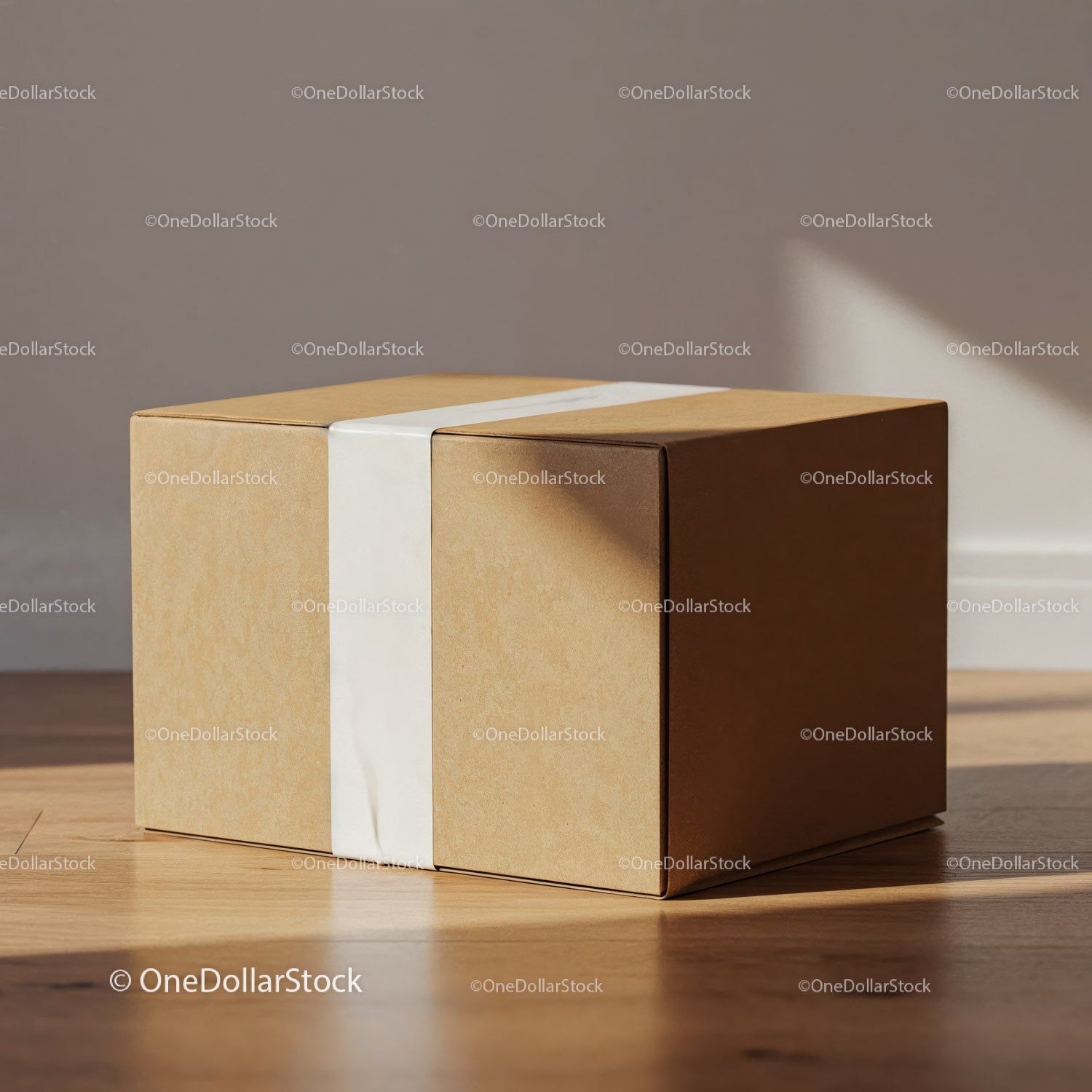 Minimalist brown cardboard box on wooden floor