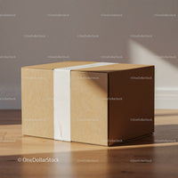 Minimalist brown cardboard box on wooden floor