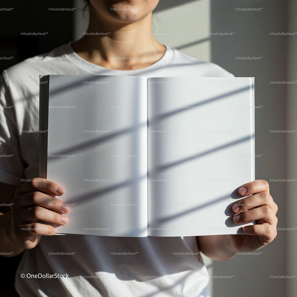 Person Holding an Open Blank Book in Soft Natural Light JPG Mockup Image