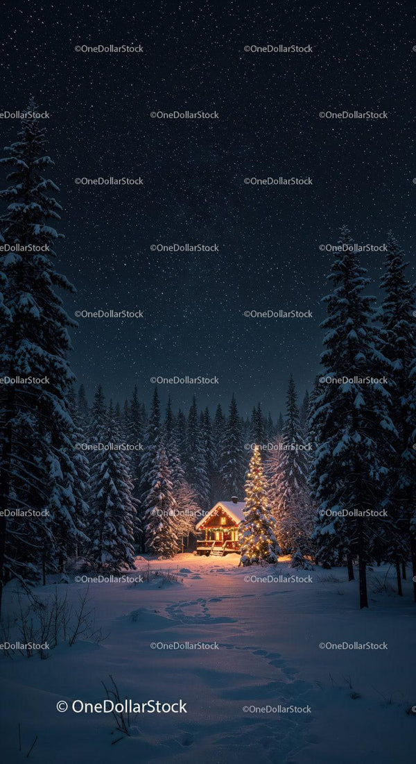 Cozy wooden cabin glowing in snowy forest night