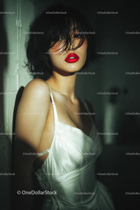 Elegant Woman with Red Lips in Stylish Evening Dress