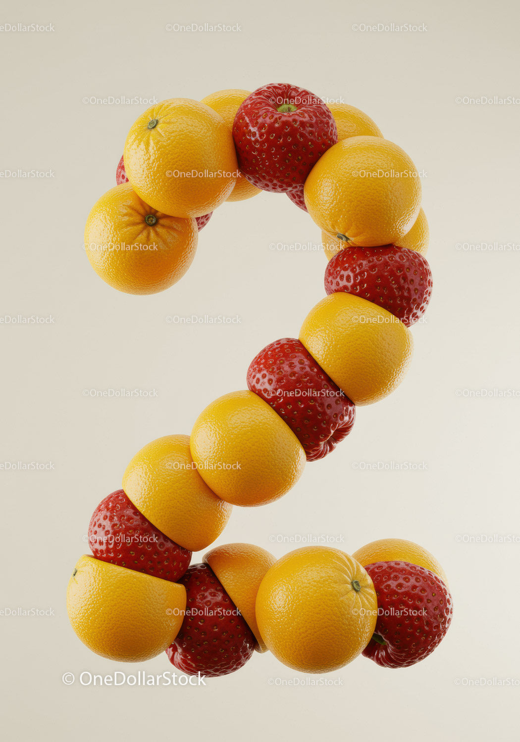 Number Two Formed by Oranges and Strawberries