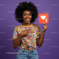 Vibrant Young Woman Holding Like Icon in Bright Casual Outfit