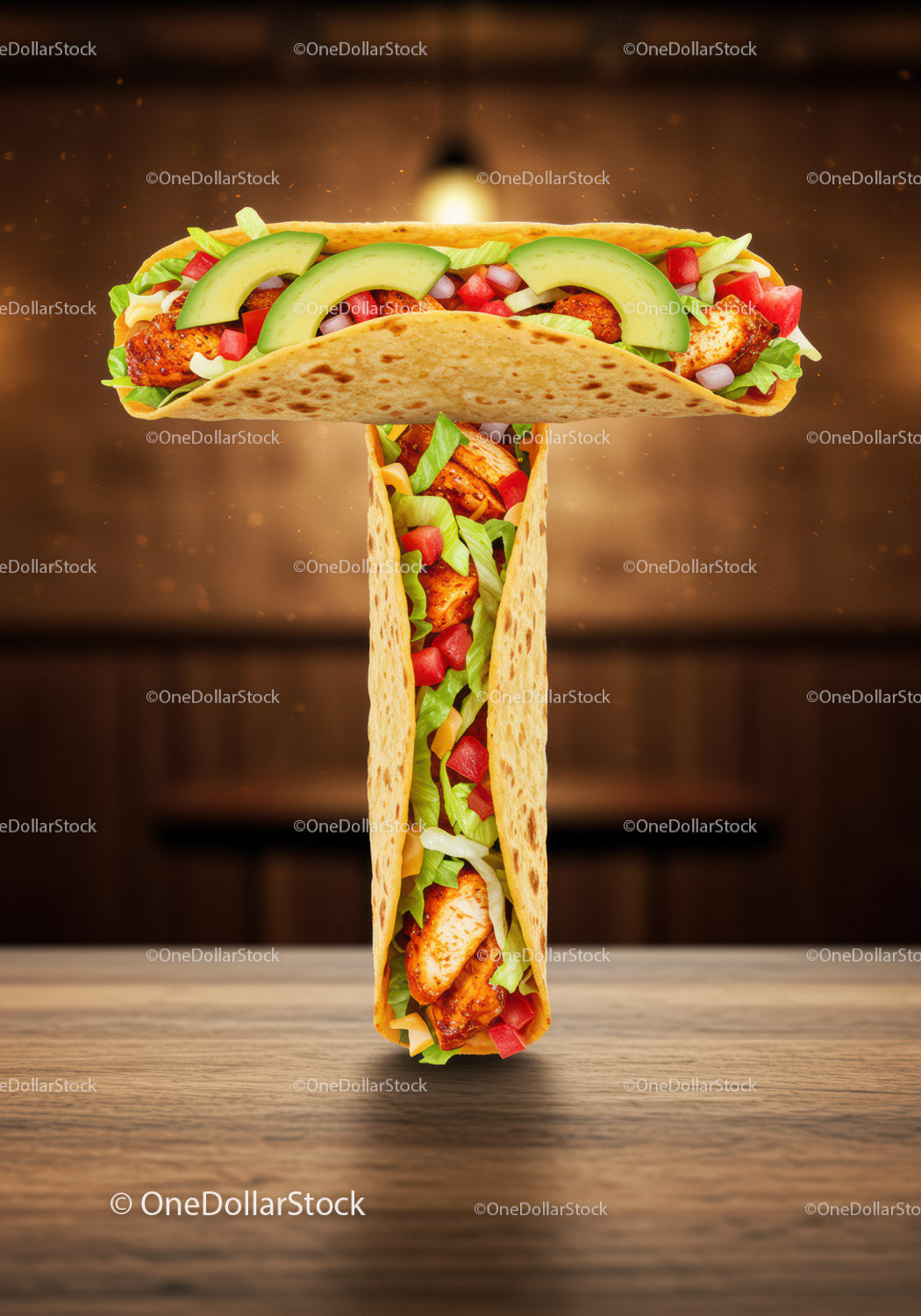 Tasty chicken and vegetable tacos shaped like letter T