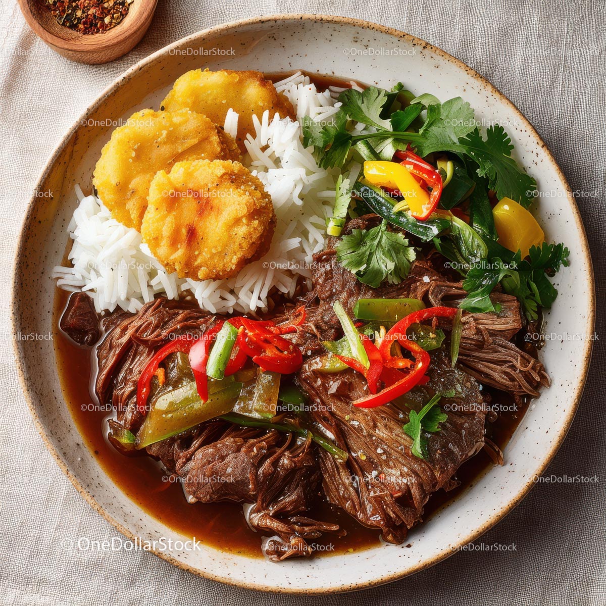 Savory Beef Stew with Rice and Crispy Plantains