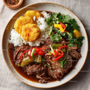 Savory Beef Stew with Rice and Crispy Plantains