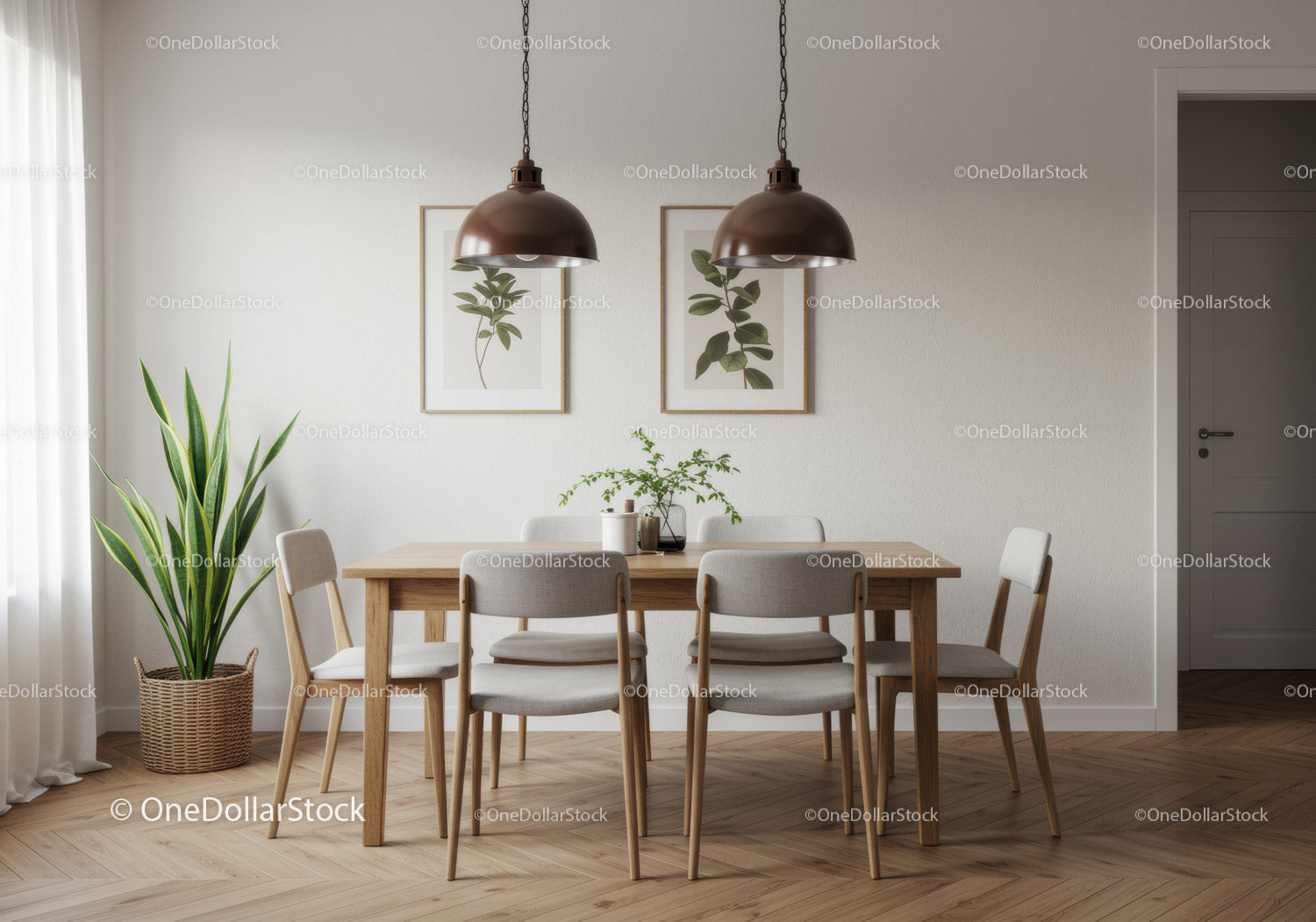 Nowoczesna, minimalistyczna jadalnia z zielenią i wiszącymi lampami