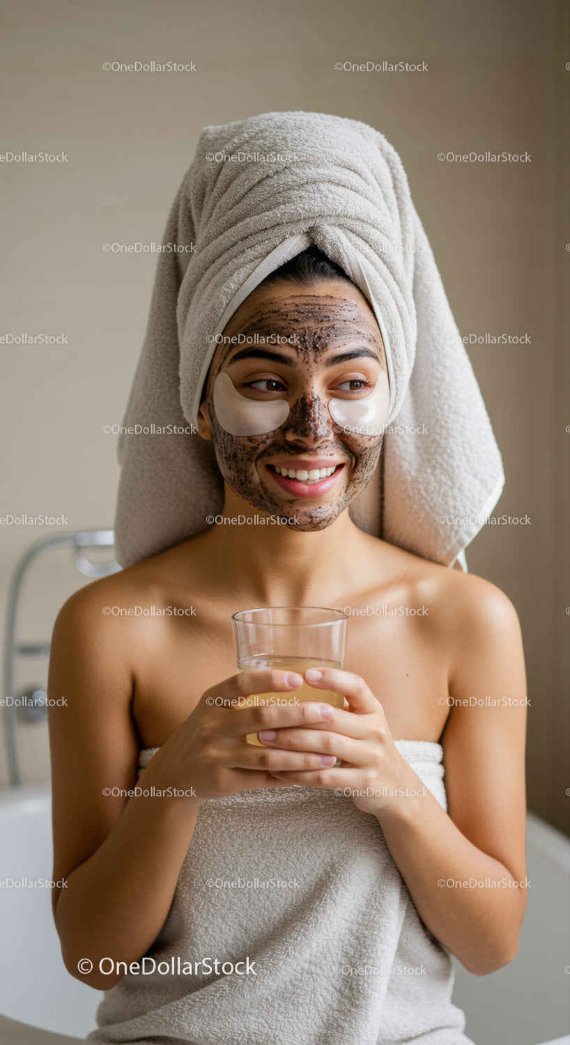 Young Woman Applying Facial Mask During Spa Treatment with Towel on Head