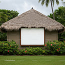 Tropical outdoor movie screen under thatched roof hut
