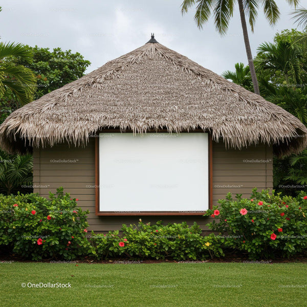 Tropical outdoor movie screen under thatched roof hut JPG Mockup Image