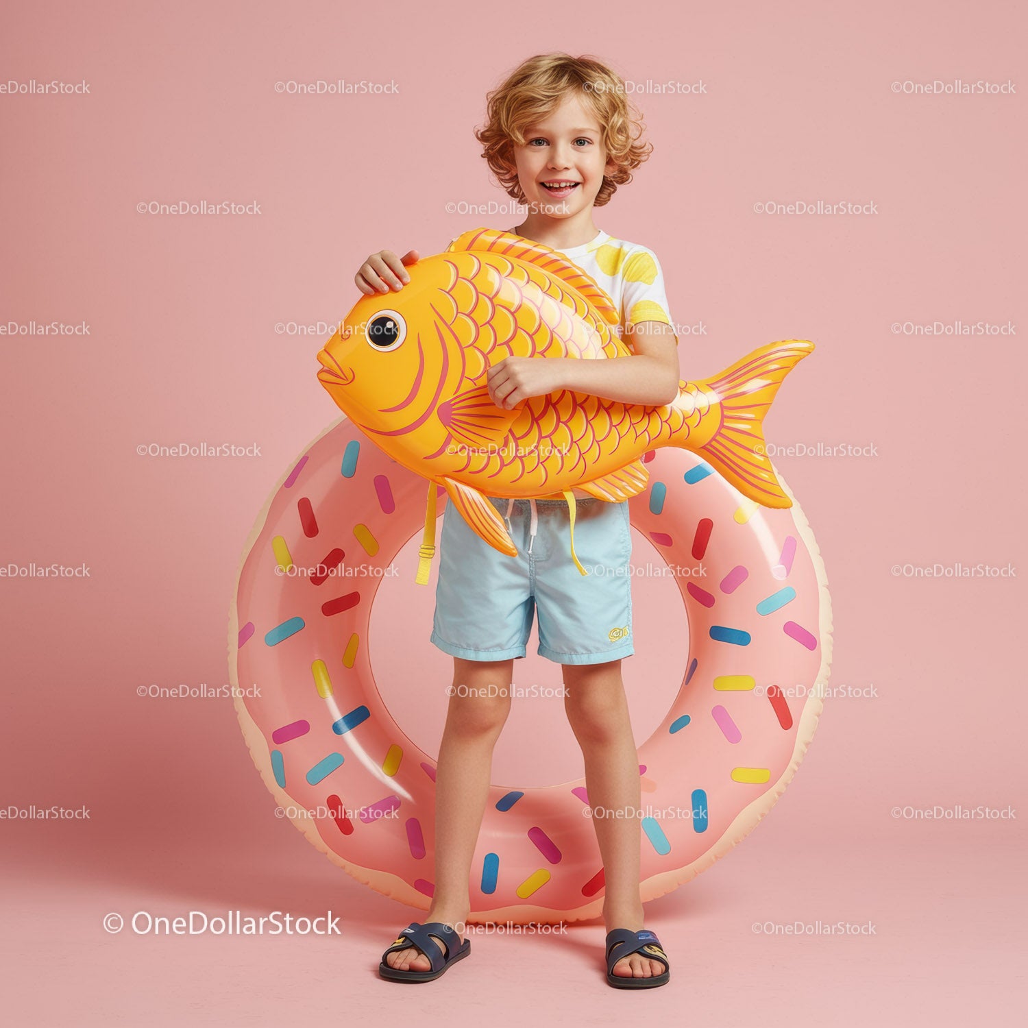 Smiling boy with inflatable fish and donut float ring