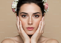 Close-up of a Young Woman with Freckles and Floral Crown on Beige Background