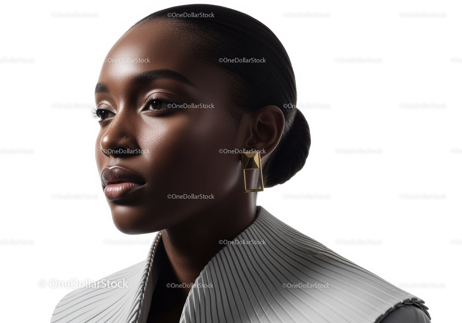 Elegant Black Woman with Sleek Hair and Gold Earrings in Studio