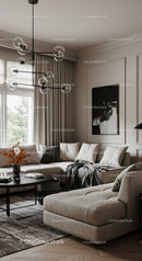 Modern Living Room with Beige Sofa and Stylish Pendant Light