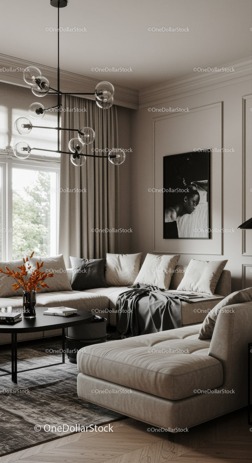 Nowoczesny salon z beżową sofą i stylową lampą wiszącą