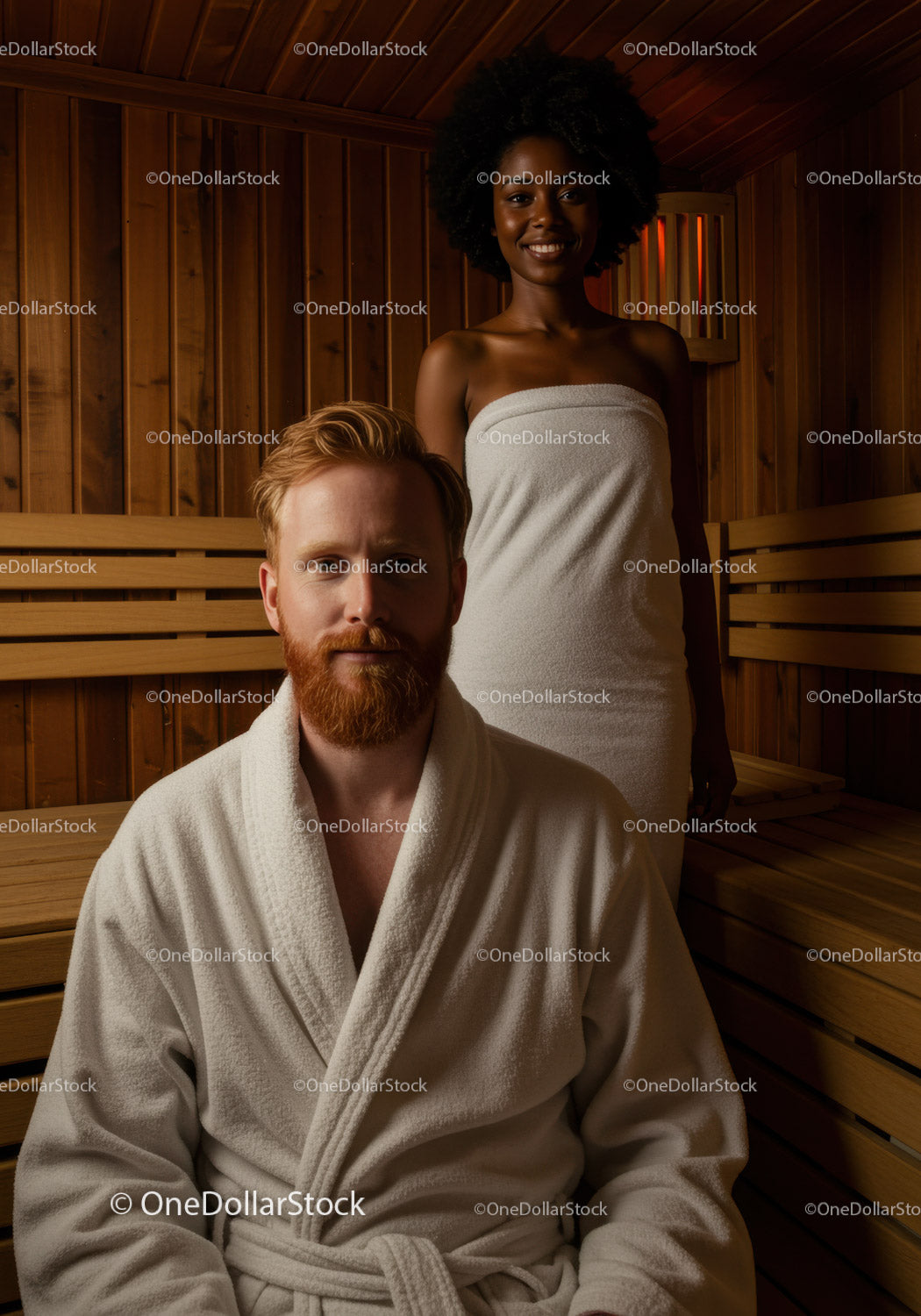 Smiling African American woman and bearded man relaxing in sauna interior