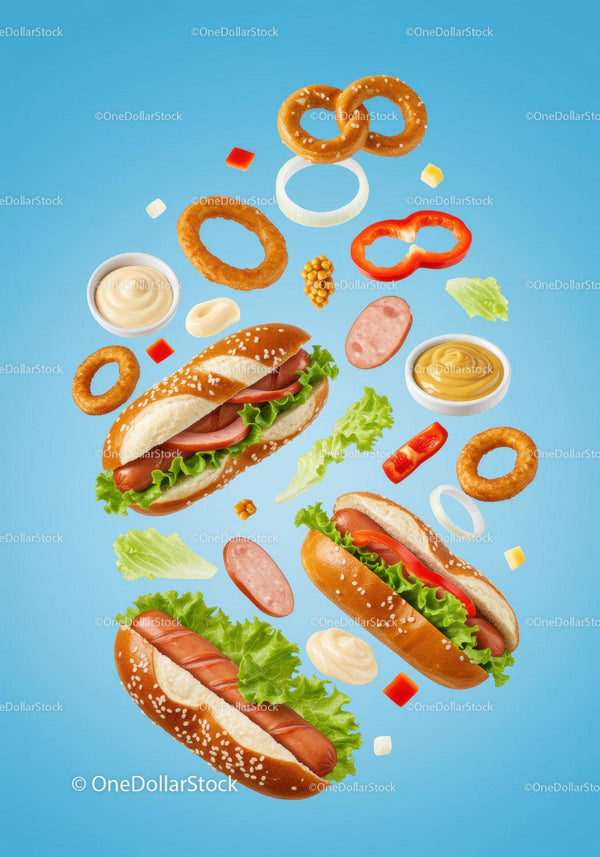 Fresh hot dogs with toppings floating on blue background