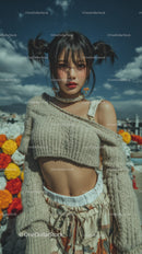 Trendy Young Woman with Edgy Style and Bowed Pigtails Outdoors