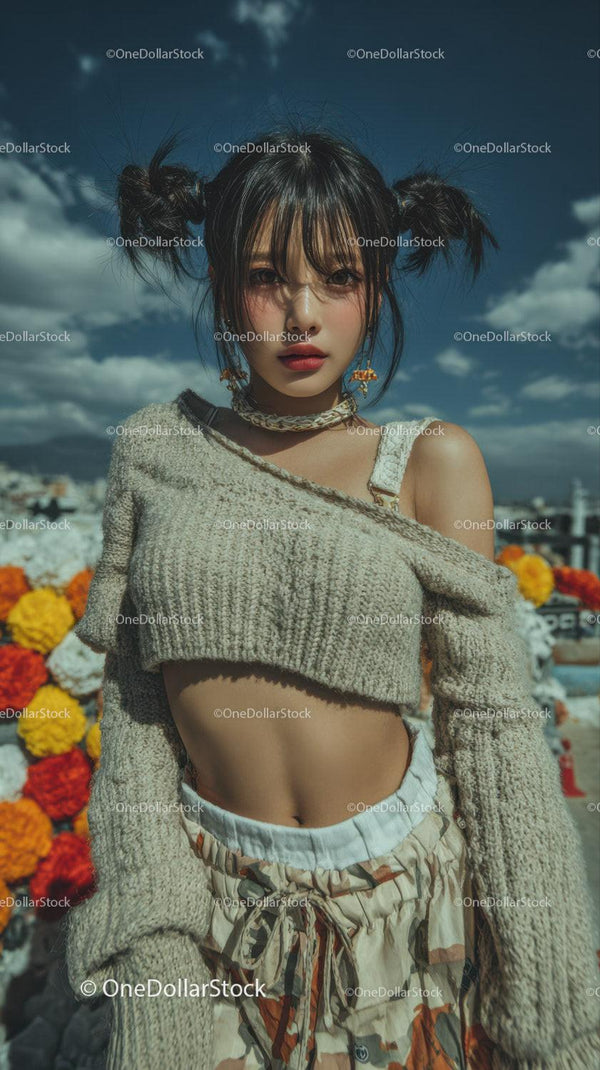 Trendy Young Woman with Edgy Style and Bowed Pigtails Outdoors