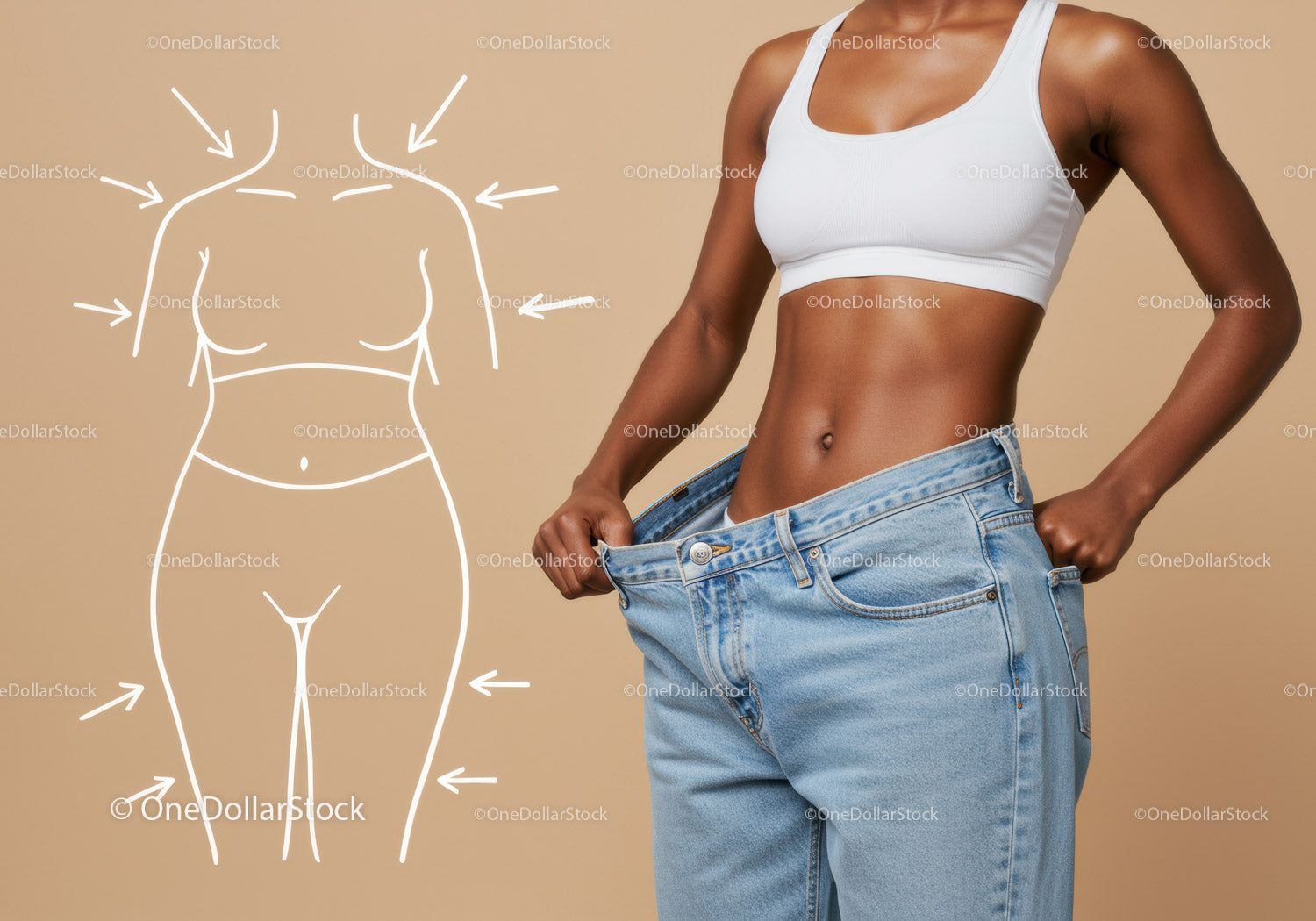 Slim Woman in White Sports Bra with Large Jeans Measuring Waist